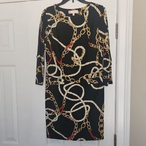 Jude Connally Black Dress with Gold and Red Chain Print